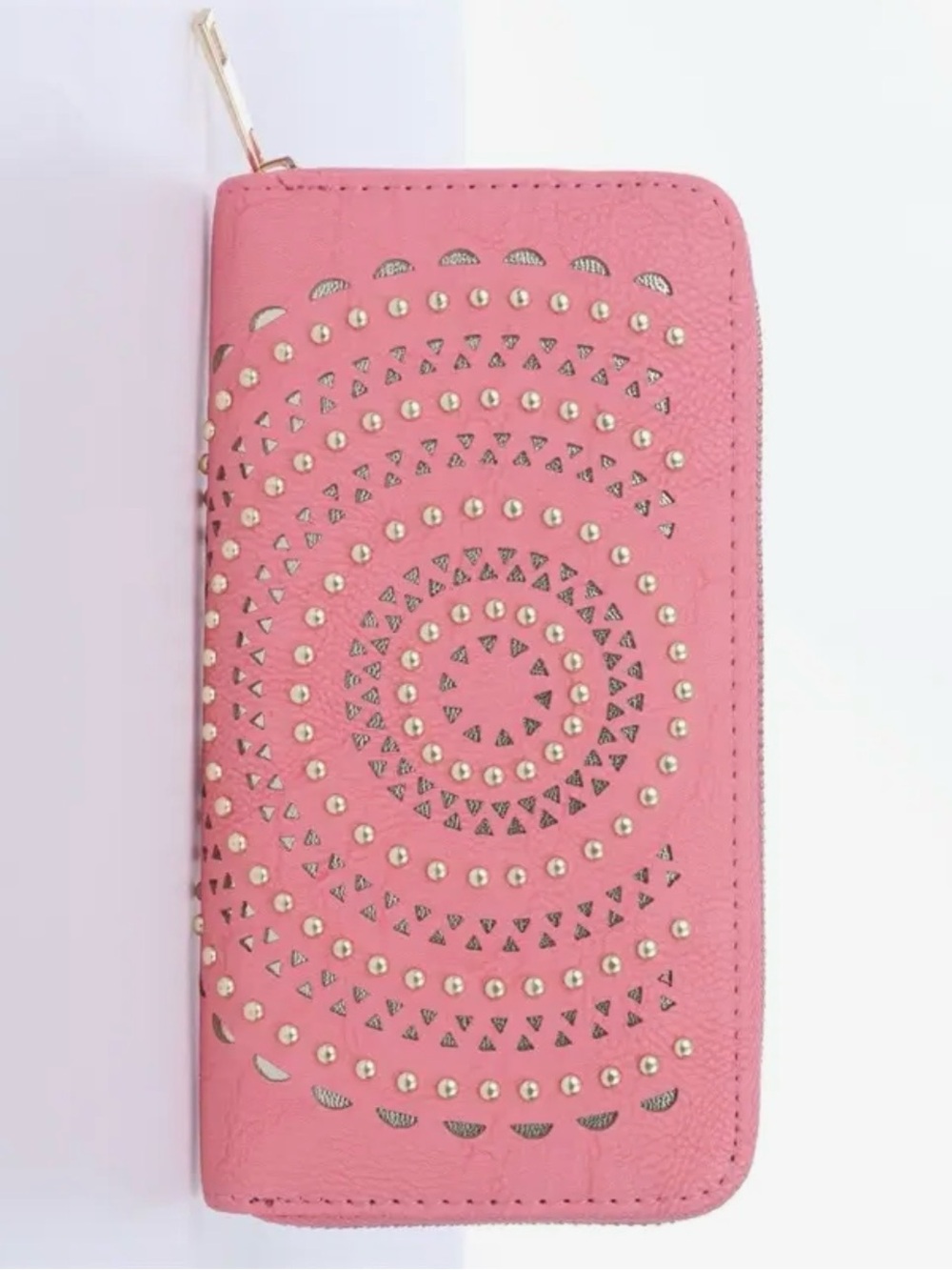 Pink Laser-Cut Studded Wallet Clutch